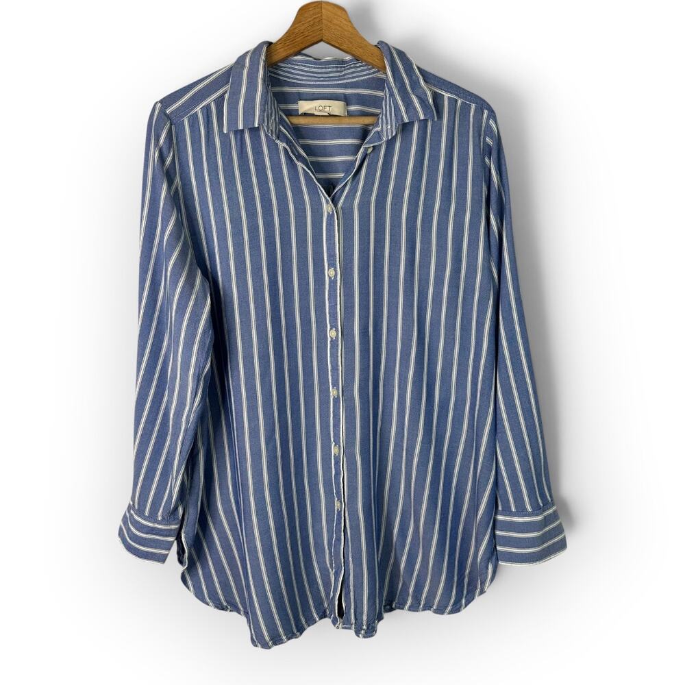 LOFT Striped Button Down Top Size L Blue White Long Sleeve Boho Coastal Nautical